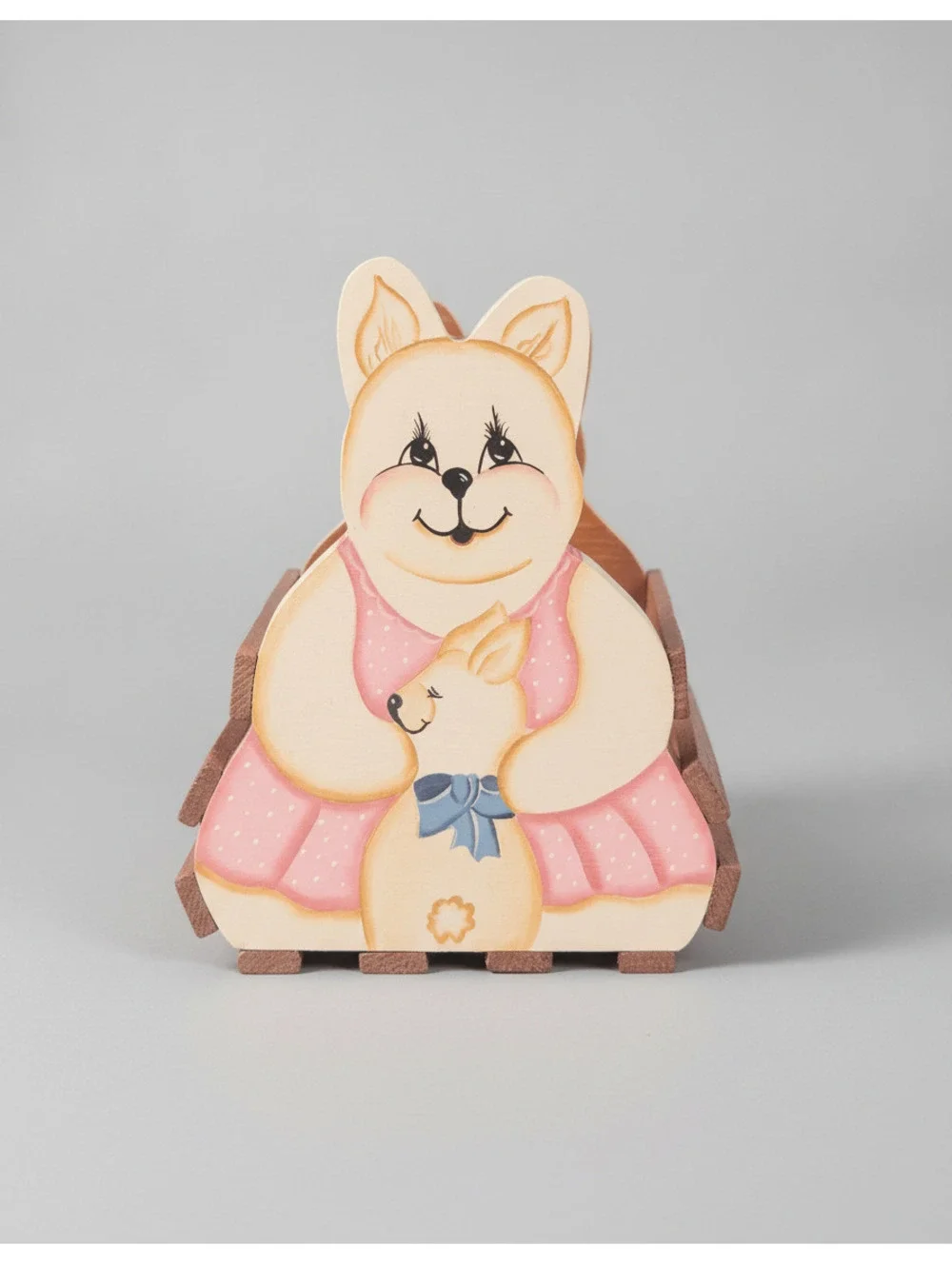 Vintage Hand-painted Mommy and Baby Bunny Easter Decorative Wooden Basket
